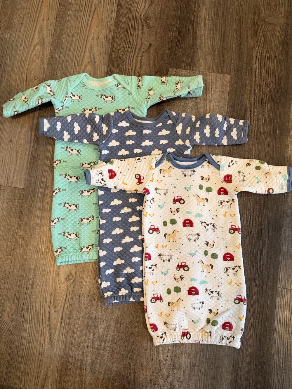 Set of 3 Quilted Cotton Baby Gowns - Farm, Cow, and Cloud Print